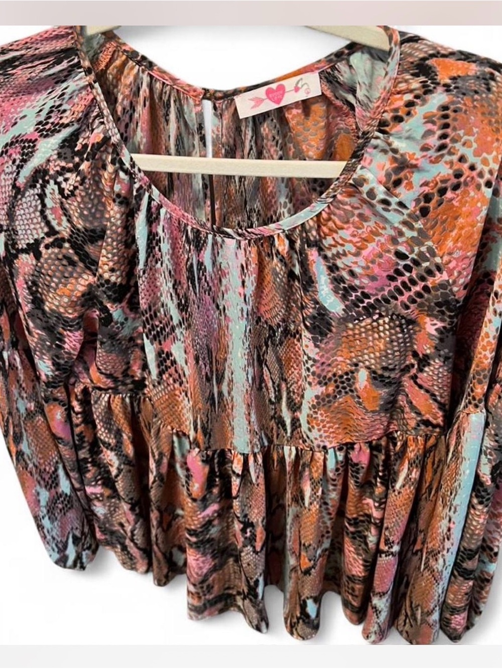 Buddy Love Multicolor Snake-Print Peplum Tunic - Pink, Orange, Aqua